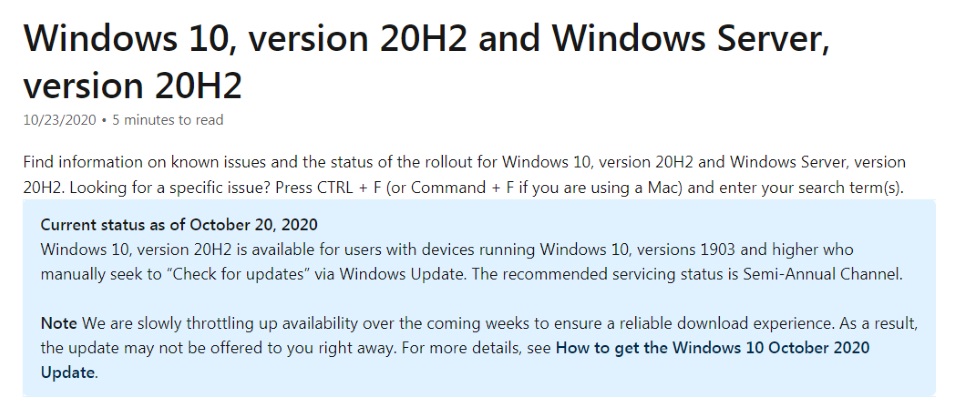 [情報] 微軟Windows 10 20 H2正式向所有用戶釋出