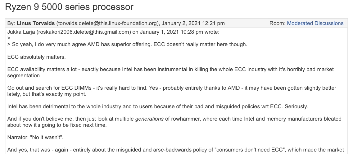 Linus Torvald認為ECC技術很重要，可防止因Rowhammer造成的核心崩潰