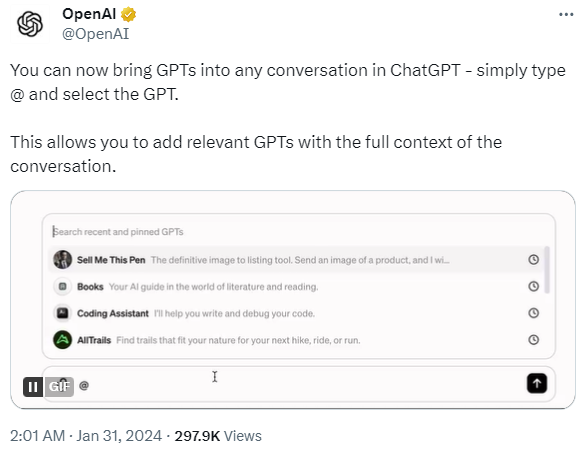 ChatGPT用戶可在對話中呼叫GPTs