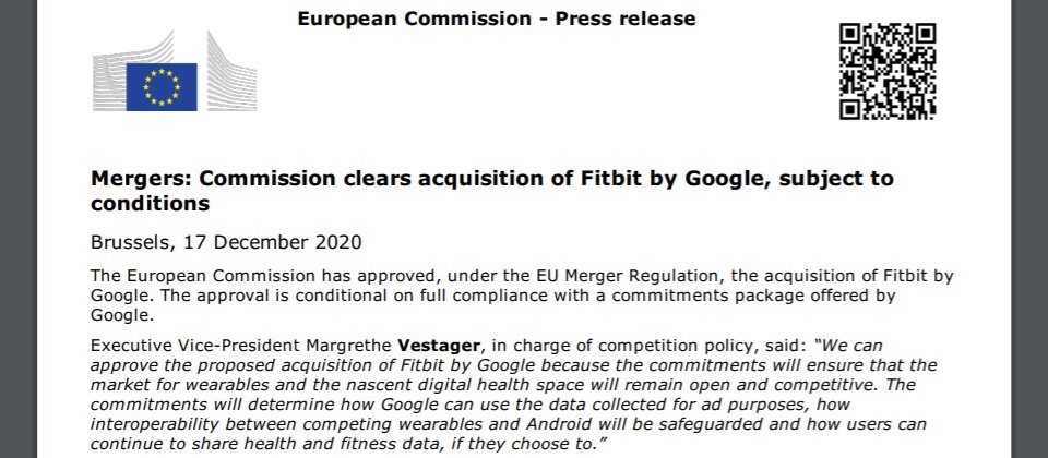 2019年Google宣布收購Fitbit,Fitbit擁有2900萬用戶,使這樁收購一開始就引發隱私、促成壟斷的質疑。歐盟去年啟動反壟斷調查,在基於Google承諾會切割Fitbit和Google資料庫,並確保Android API的開放性等條件下,核准這起收購案。