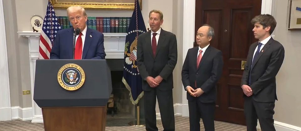 甲骨文創辦人暨技術長Larry Ellison(圖右3)、軟銀執行長孫正義(圖右2),以及OpenAI執行長Sam Altman(圖右1),出席美國總統川普發表Stargate計畫的記者會。(圖片來源/President Donald J. Trump on X)