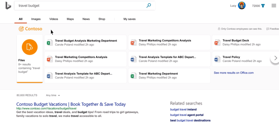 Microsoft Search in Bing示意圖,翻攝自https://www.microsoft.com/en-us/videoplayer/embed/RE2AsoN
