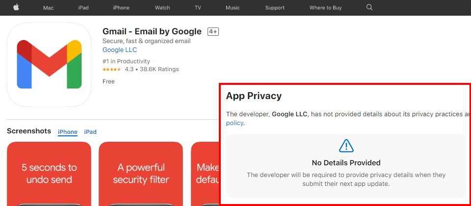 雖然已經有10多個Google App加入了隱私標籤,像是Stadia、Google Translate等,但是一些最多人使用的App,包括Gmail、Google Search、Photos、Docs、Google Meet、Google Pay和YouTube卻仍未見標籤,從12月7日,即App Store新規定生效前一日起就不再更新。