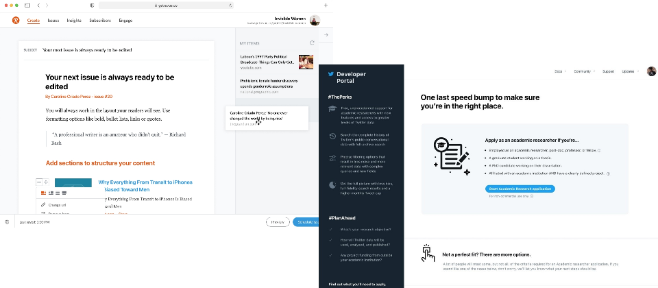 推特收購替出版者提供電子報服務的Revue(左上),同時宣布將開放Twitter的推文存檔(右下),供學術人員申請使用。(圖片來源/推特)