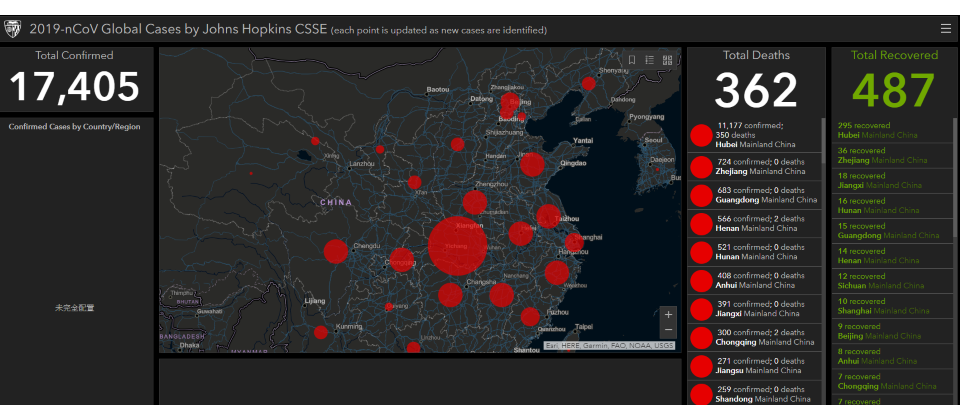 示意圖,約翰·霍普金斯大學製作的全球武漢肺炎狀態即時地圖,https://gisanddata.maps.arcgis.com/apps/opsdashboard/index.html#/bda7594740fd40299423467b48e9ecf6