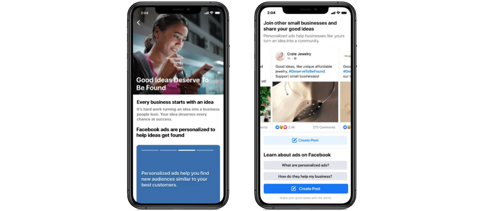 因應新版iOS 14將賦予用戶拒絕被App蒐集廣告識別碼(IDFA)的權利,臉書發起「好主意值得被發現」活動,企圖說服使用者接受個人化廣告。