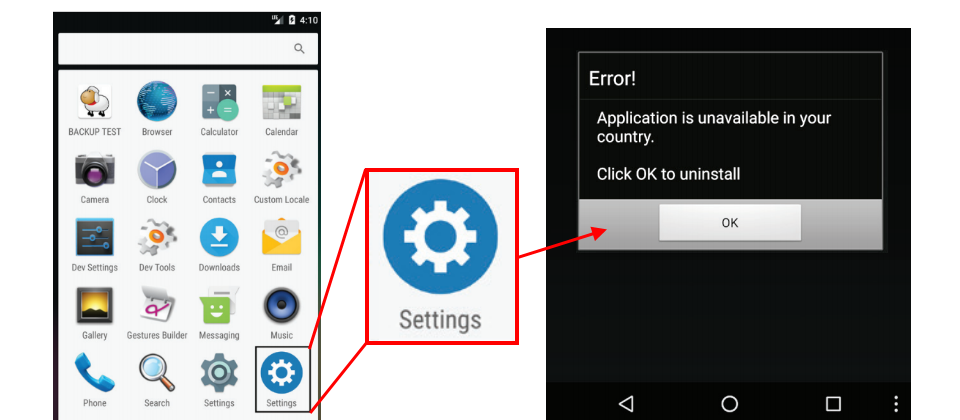 McAfee指出,隱藏程式(hidden Apps)先是偽裝成其它合法程式,再透過YouTube影片的連結或是搜尋結果來散布,一旦使用者在手機上安裝了這些程式,它的圖示就會變成設定圖示,點擊之後,出現的卻是錯誤訊息,顯示該程式並未支援該地區,並提供反安裝的選項,只是使用者按下反安裝之後,反而是完成了惡意程式的安裝。(圖片來源/https://www.mcafee.com/content/dam/consumer/en-us/docs/2020-Mobile-Threat-Report.pdf)