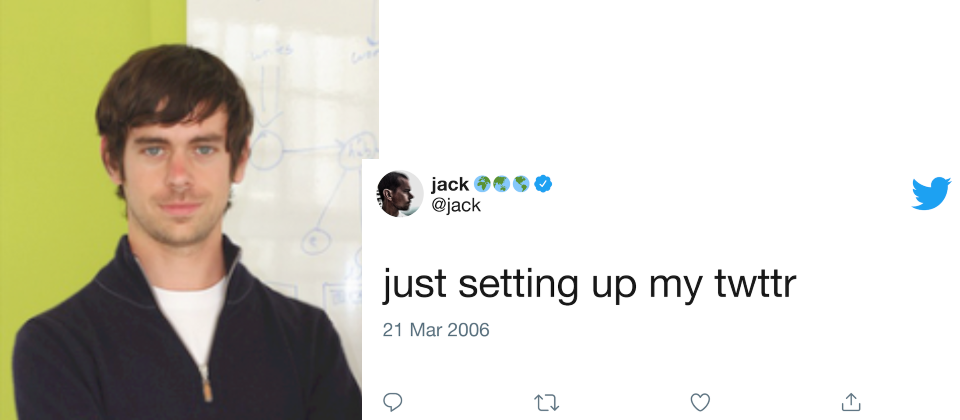 Twitter創辦人暨執行長Jack Dorsey(圖左,2008年左右所拍攝)在2006年3月發表的第一則推文(圖片來源/Twitter)。