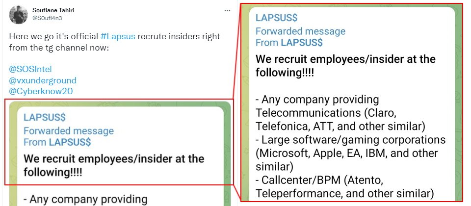 一名推特用戶Soufiane Tahiri本周發現,Lapsus$本周在Telegram公開招募知名公司的員工作為內應。該組織列出的名單涵括大型軟體公司、電信商、伺服器代管及客服中心業者,包括微軟、蘋果、IBM、美商藝電(EA)等。(圖片來源/Soufiane Tahiri)