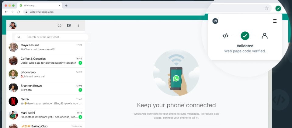 Code Verify可在主要瀏覽器包括Google Chrome、Microsoft Edge及Mozilla Firefox(如上圖所示)的外掛市集下載。一旦安裝後,Code Verify會在用戶開啟WhatsApp Web時自動啟動,準備偵測有異狀時即時發出警示。