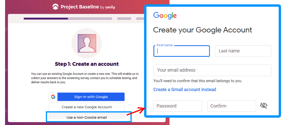 Google姐妹公司Verily上周推出武漢肺炎風險篩檢網站,但是使用這個網站必須要有Google帳號作為驗證之用,即便點選使用非Gmail帳號以進行後續流程,也會被導引至開設Google帳號的網頁。