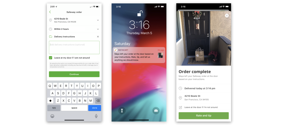 Instacart發展出不需面交簽收的配送服務,送貨員只要把商品送到門口即可,以避免與居家隔離者接觸造成的傳染風險。(圖片來源/Instacart)