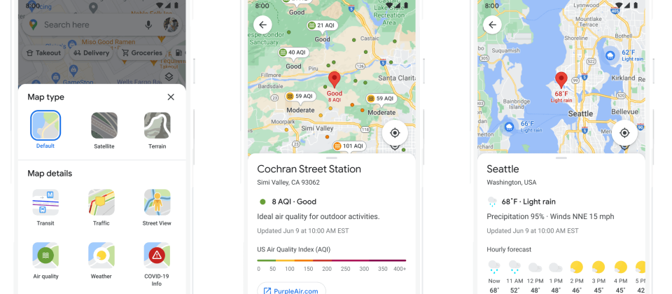 Google Maps將會有新的氣象預測層及空氣品質層,可顯示各地的氣候資料以及空氣品質。(圖片來源/Google)