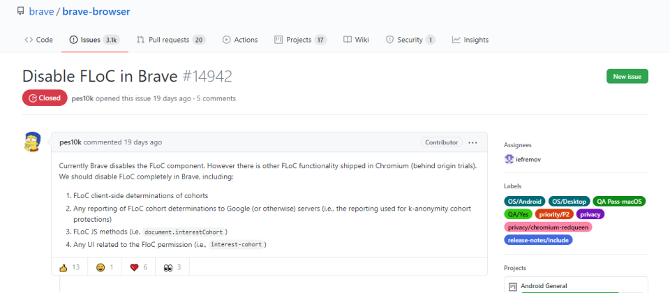 Brave決定在Android版與桌面版的Brave Nightly版本中移除Google發展的追蹤技術FLoC,也會在自家網站關閉FLoC,禁止Google蒐集Chrome用戶在Brave網站上的瀏覽行為。