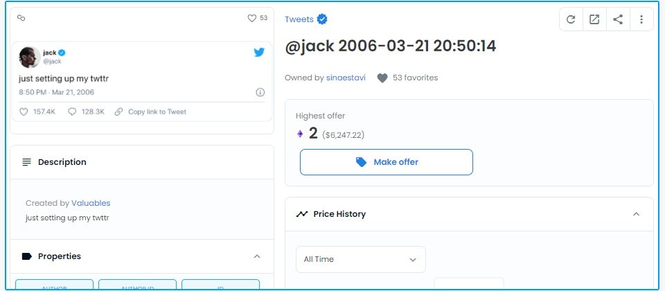 Twitter創辦人Jack Dorsey第一則推文的非同質化代幣(NFT)在去年一手收購價為291萬美元,如今買主在NFT市集OpenSea對外出售,但出價者只想以不到1萬美元購入。