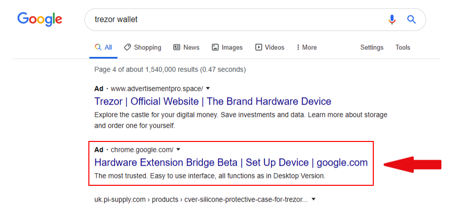 MyCrypto及PhishFort近日發現,Chrome Web Store上出現一批假冒的Chrome瀏覽器外掛,冒充知名電子錢包服務,像是Ledger、Trezoe、Jaxx、Electrum、MyEtherWallet、MetaMask、Exodus和KeyKeep,利用Google Ads或其他管道大打廣告,吸引用戶下載。(圖片來源/Harry in MyCrypto)