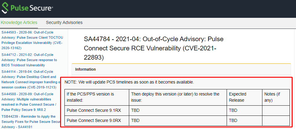 針對CVE-2021-22893零時差漏洞,Pulse Secure目前僅提供暫時補救辦法,真正的修補程式預計會在5月初出爐。