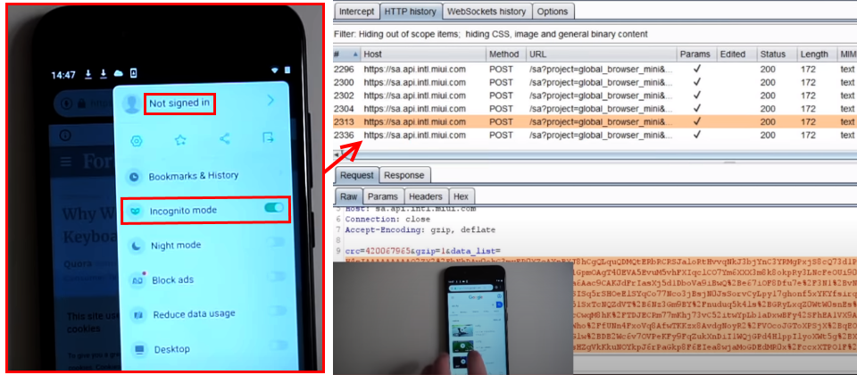 安全研究人員Andrew Tierney測試了Google Play上的Mi Browser Pro與Mint Browser,發現這兩款小米瀏覽器蒐集傳輸使用者瀏覽資訊,即使沒有登入小米帳號,也啟用無痕瀏覽模式,所查詢的字串與造訪的網址資料也會被紀錄追蹤。(圖片翻攝自:Andrew Tierney,Xiaomi Mint Browser gathers Incognito browsing history on remote servers,https://www.youtube.com/watch?v=1GdKvvG3zoY)