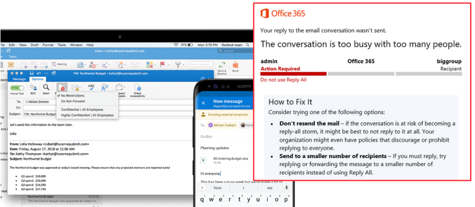 去年微軟在Office 365上首度加入「全部回覆風暴防護」(Reply-All Storm Protection)的功能,微軟若偵測到有該情形發生,即會暫停郵件散布,並向回覆信件者發送回彈訊息(bounce message)告知此事。現在微軟將把這項功能推向全球Office 365用戶。(示意圖,圖片來源/微軟)