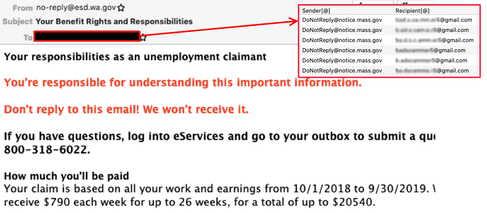 名為Scattered Canary的犯罪集團,利用Gmail的「dot accounts」功能建立了大量的詐騙帳號,向美國政府單位詐領數百萬美元的疫情救助金。(圖片來源/Agari)