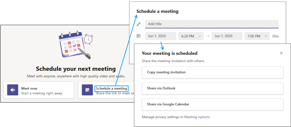 微軟開放免費版Teams用戶得以建立視訊通話 ,從左邊工具列的Meetings,使用者可以選擇Meet Now立即建立視訊,也可選擇「Schedule」安排日後的會議,使用者可以從Outlook、Google Calendar,或是從通訊軟體向他人發送邀請。(圖片來源/微軟)
