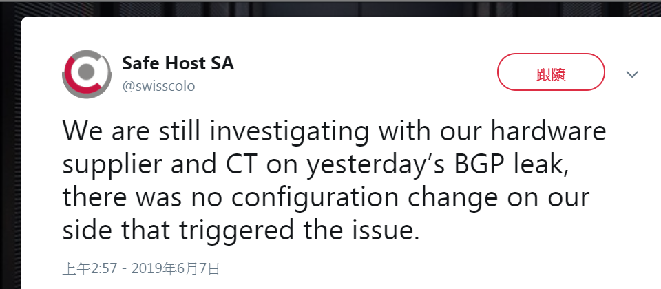 此事的發生是因瑞士資料中心代管業者Safe Host所控制的AS21217,外洩了逾7萬個路由給中國電信位於德國的AS4134,出錯的Safe Host透過Twitter表示,在這起BGP外洩的事件中,他們並未變更任何的配置,正與硬體供應商及中國電信連袂進行調查。(翻攝自)