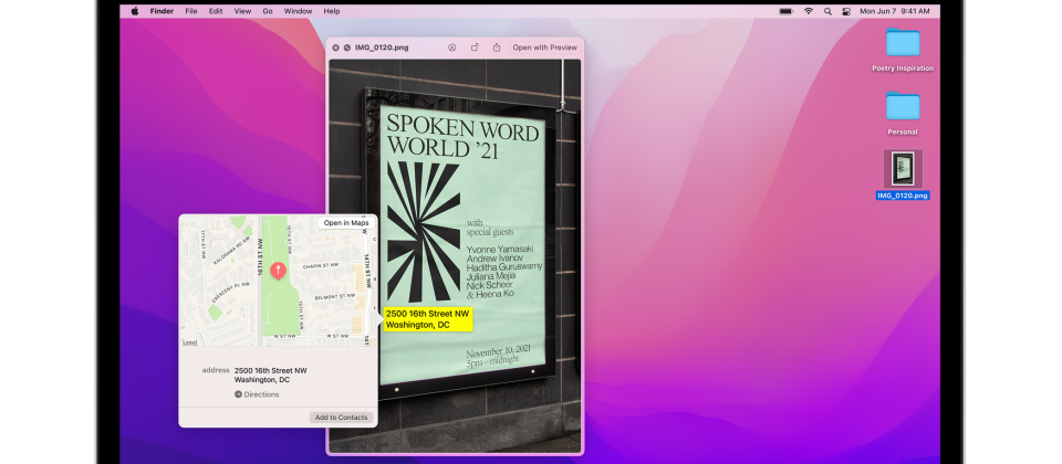 macOS Monterey有些功能只能在搭載蘋果M1及未來Apple Silicon的電腦上使用,例如可像純文字一般翻譯、搜尋及複製貼上圖片文字的Live Text。可能是因為Intel版Mac欠缺Apple M1晶片中的16核神經引擎NPU,這是執行機器學習任務的重要元素。(圖片來源/蘋果)