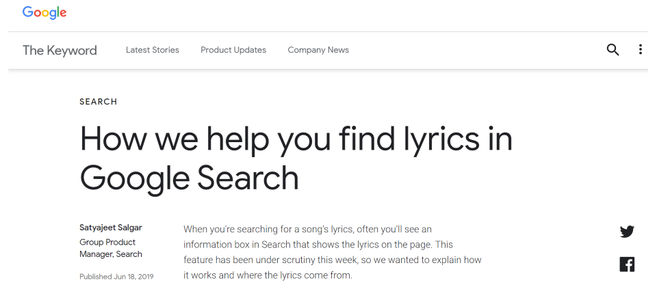 遭音樂資料庫genius指控搜尋結果盜用該站歌詞 Google與歌詞供應商都喊冤 Ithome