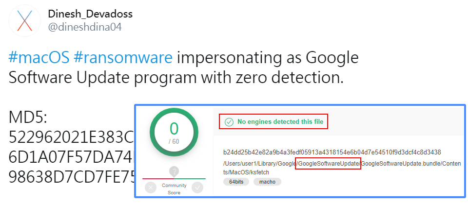 研究人員Dinesh Devadoss發現,EvilQuest除了會冒充Google Software Update等合法軟體的安裝器,這款勒索軟體作者賦予它執行於VM、關閉偵錯工具(debugger),以及偵測防毒軟體(卡巴斯基、Norton、Avast、McAfee、Bitdefender、Bullguard等)的能力,以增加偵測的難度。(圖片翻攝自/https://twitter.com/dineshdina04/status/1277668001538433025)