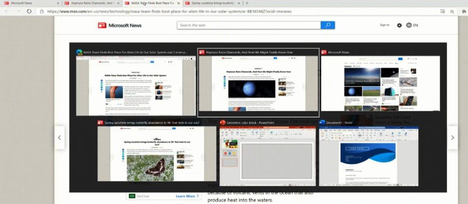 Alt+Tab讓用戶可以全部顯示目前開啟的App,方便用戶在不同作業間切換。在最新Windows 10預覽版,Alt+Tab將支援Edge,按下後除了現有App外,還會顯示Edge開啟的所有分頁。(圖片來源/微軟)