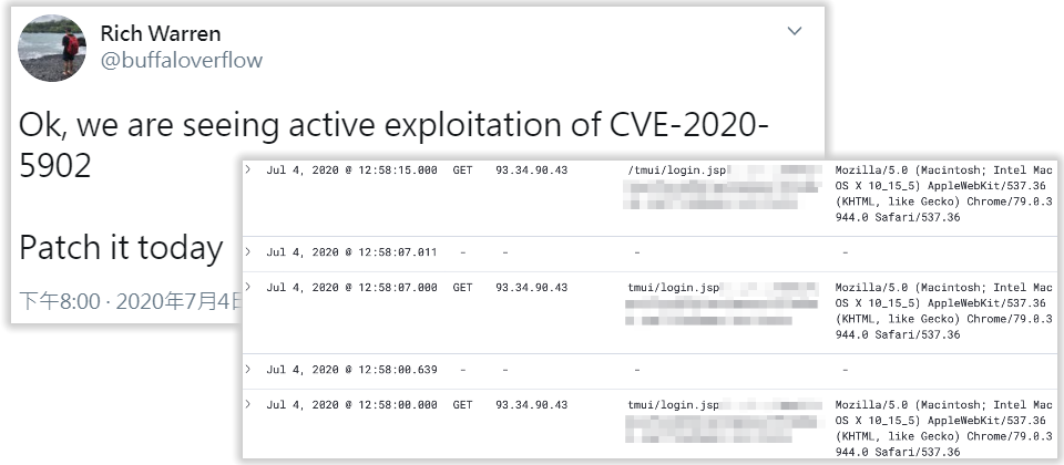 安全廠商NCC Group研究人員Rich Warren指出,上周末已出現F5 BIG-IP ADC產品CVE-2020-5902漏洞的針對性攻擊。(圖片擷取自:https://twitter.com/buffaloverflow/status/1279384540847489024)