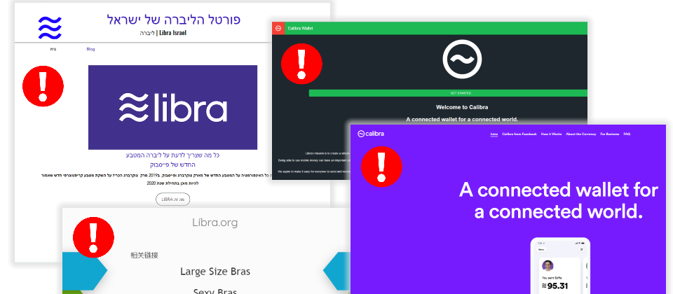 臉書發表Libra加密貨幣之後,以Libra或Calibra作為網域名稱的山寨網頁如雨後春筍般冒出。(製圖/iThome)