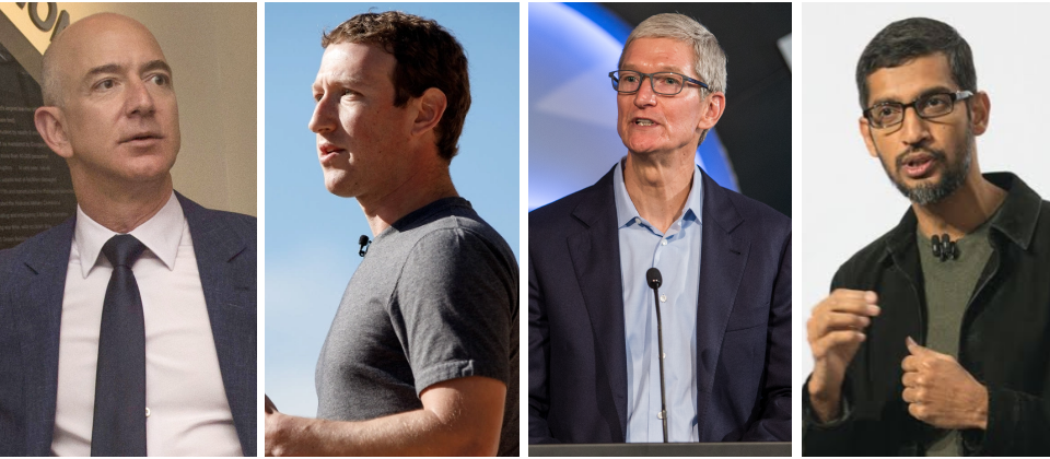 Amazon執行長Jeff Bezos(圖片來源/Wikimedia)、臉書執行長Mark Zuckerberg(圖片來源/臉書)、蘋果執行長Tim Cook(Photo by Austin Community College on https://www.flickr.com/photos/accdistrict/35992738453/,CC BY 2.0)、Alphabet/Google執行長Sundar Pichai(圖片來源/Google)