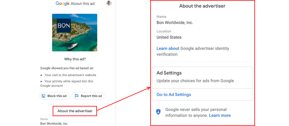 未來幾個月內,Google將在Why this ad加入新功能「關於這則廣告」(About this ad),顯示每則廣告是由誰下單的。(圖片來源/Google)
