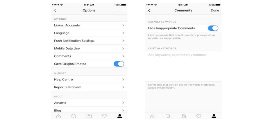 Instagram可在個人檔案頁面上點右上角的齒輪圖示,找到留言工具(Comments Tool),設定想要封鎖的不當留言用詞。