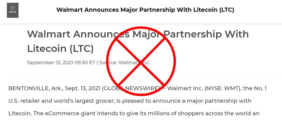 全球性新聞稿發布平臺GlobeNewswire某個使用者帳號在9月13日,假冒Walmart名義發表假新聞稿,指稱Walmart將與萊特幣合作,讓外界信以為真,更促使萊特幣暴漲,上圖為頁庫存檔,這篇假新聞稿已經被GlobeNewswire下架。
