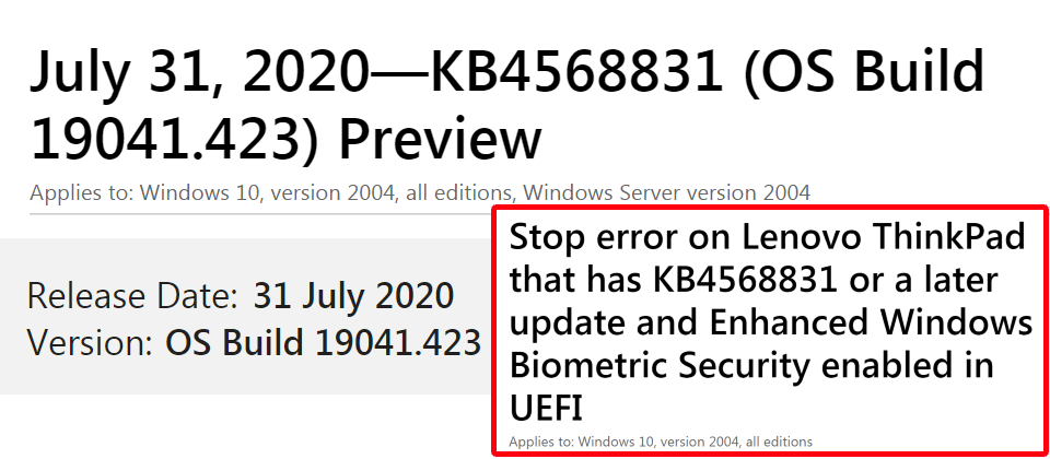 針對用戶反映8月最新版Windows 10 2004更新,造成聯想ThinkPad筆電藍色死亡螢幕的問題,微軟本周證實此事,並表示從7月31日釋出的KB4568831便引發上述問題。