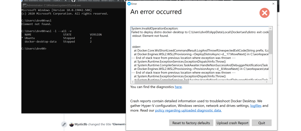 KB4571756已在兩周前包含在Patch Tuesday釋出,有用戶通報Windows Subsystems for Linux 2 (WSL2)無法啟用的問題,Windows 10電腦會出現Element not found或Process exited with code 4294967295的錯誤訊息,顯示遠端程序呼叫失敗。 微軟說他們已經找出問題原因,預計在20H2下一版(可能是正式版)解決。圖片來源:Valeriy Dubov,https://github.com/microsoft/WSL/issues/588019042.508/