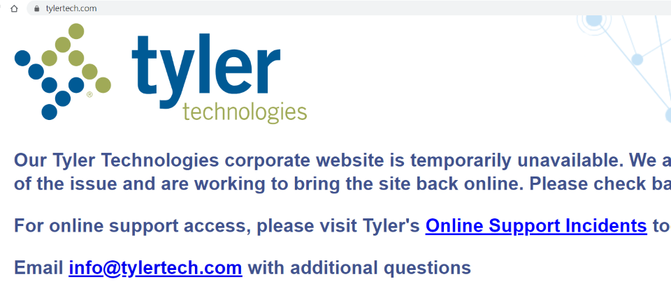 號稱美國最大公部門軟體供應商的Tyler Technologies傳出遭到駭客入侵,不管是電話系統或官網都處於停擺狀態,雖然業者只對外宣稱發生網路問題,但根據BleepingComputer取得的情資,Tyler其實是中了勒索軟體RansomExx。
