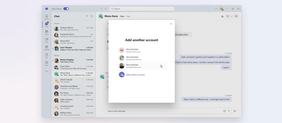 新版Teams支援Multi-Tenant, Multi-Account(MTMA),允許使用者同時登入多個帳戶,並收到來自不同組織與帳戶的訊息。(圖片來源/微軟)