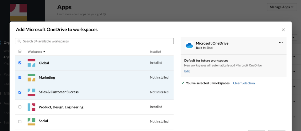 Slack預計在明年初推出新功能,讓管理員可為所有工作空間部署1Password、Box、Cisco Webex Meetings、Microsoft OneDrive、Polly、Salesforce、Workday等常見的生產力及協同應用。(圖片來源/Slack)