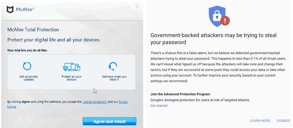 圖左為Google發現中國駭客組織APT31假冒為Mcafee,在郵件中誘導使用者自GitHub中安裝正版的防毒軟體,但駭客卻在防毒軟體中植入了惡意程式,Google宣稱在察覺相關攻擊是來自駭客時,即傳送通知予受害者,同時分享該訊息予其它業者及FBI(如圖右示意)。(圖片來源/Google)