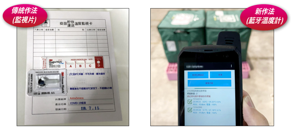 配送物流車上的疫苗溫度監測方式,傳統作法是在保冷箱內放入溫度監視片或冰球,以目視辨識來檢視監視片有無變色或冰球破裂 ,對於疫苗溫度監控不夠即時,新作法則是多裝入一支IoT藍牙溫度計,靠IoT即時訊號傳輸,不僅能提供全程配送的溫度監控與追蹤,而且更即時,可提供每3分鐘更新頻率。(圖片來源/裕利醫藥)