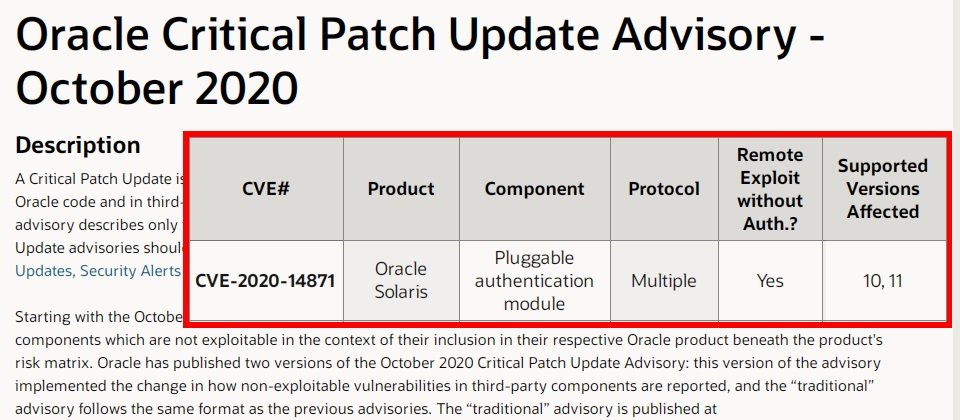FireEye旗下研究單位Mandiant發現Oracle Solaris Server一個風險10.0的零時差漏洞CVE-2020-14871,在2年前便有駭客組織開採並駭入企業網路,直到最近才被發現及修補。