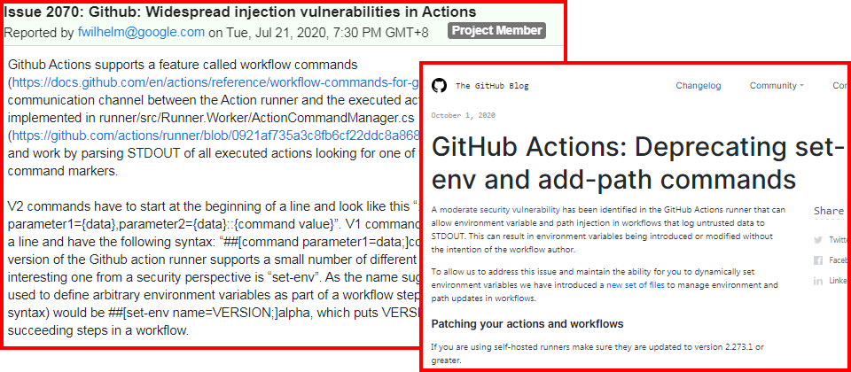 根據GitHub 10月公布的安全公告,CVE-2020-15228為中度風險漏洞,建議客戶升級到2.273.1版本以後的Actions runner。但Project Zero認為本漏洞屬於高度風險(high severity),研究人員建議GitHub移除有問題的set-env指令才是最終解決,不能僅移除有問題的指令語法,但他也承認可能影響現有許多程式碼。