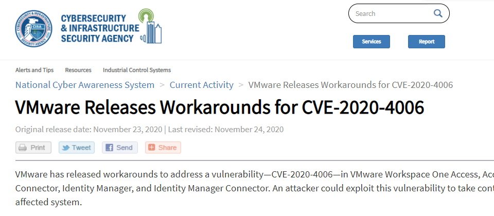 CVE-2020-4006漏洞影響VMware Workspace One產品線,VMware於美國時間11月23日公布緩解措施。美國網路安全暨基礎架構安全署(CISA)呼籲企業用戶儘速套用VMware提供的緩解措施,避免被攻擊者接管系統。