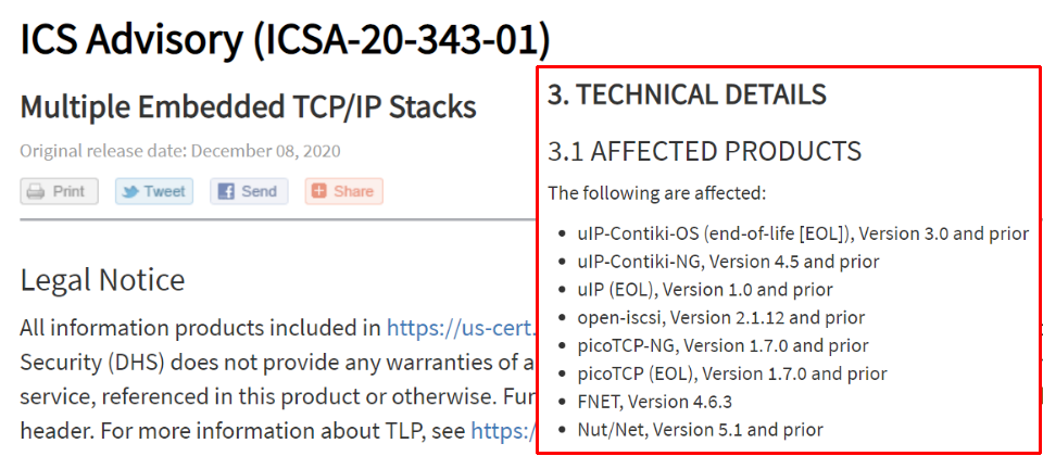 四項開源TCP/IP堆疊:uIP、FNET、picoTCP與Nut/Net含有多個安全漏洞,能造成記憶體毀損,進而允許駭客危害裝置、執行任意程式、進行服務阻斷攻擊與竊取機密資訊,波及全球數百萬個連網裝置,美國國土安全部US-CERT對此發出安全公告。