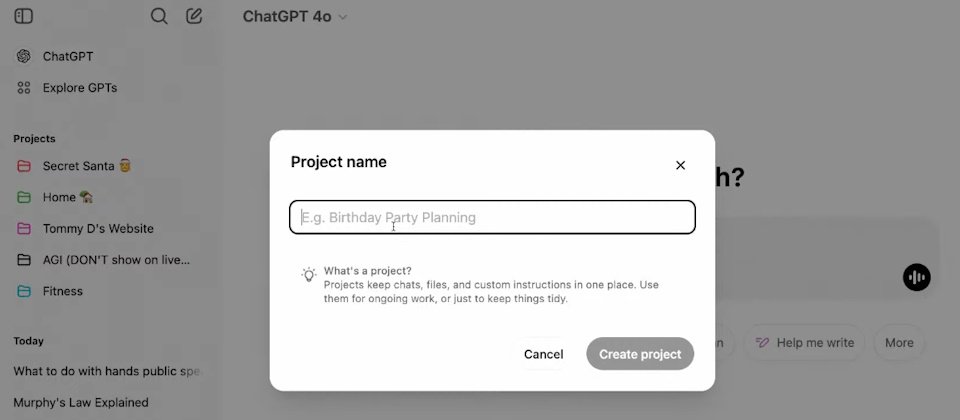 OpenAI打造ChatGPT的「專案」功能,對軟體開發任務特別有用,讓ChatGPT更像是一個開發專案管理平臺。(圖片來源/OpenAI)