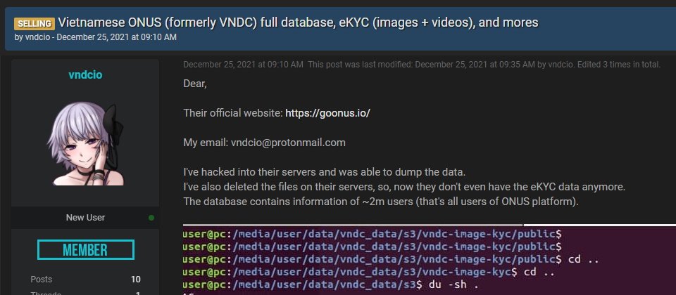 上圖為Onus資安合作夥伴CyStack提供的網頁連結擷圖,一名宣稱攻擊Onus的駭客將該平臺用戶資料公布在地下論壇。