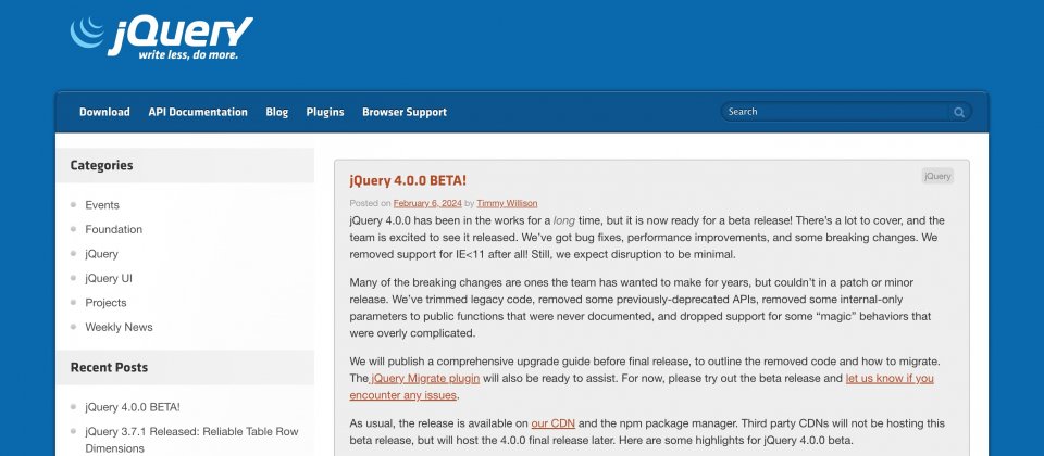 歷經數年開發的jQuery 4.0 Beta版本釋出，具多項重大更新並逐步停止支援IE